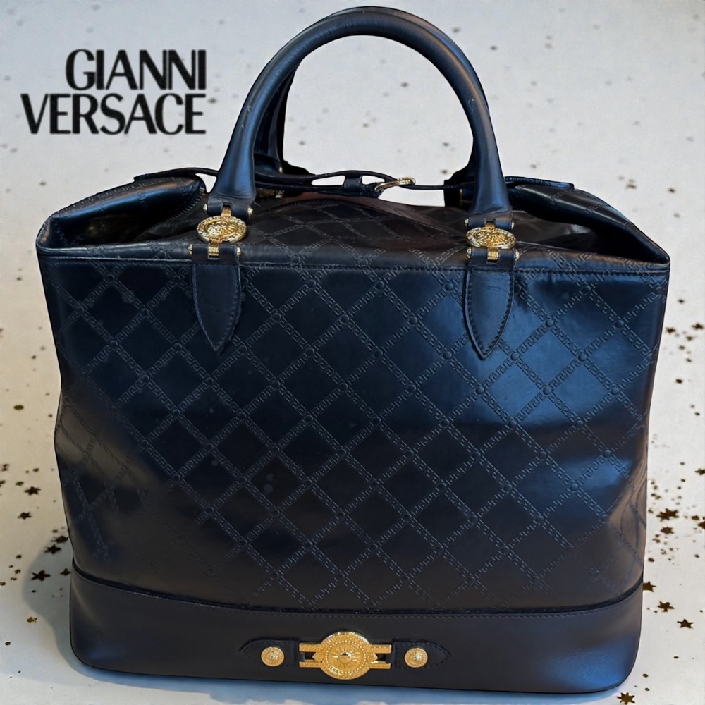 Gianni Versace Sunburst Weekender Bag Black Leather with Medallions. GORGEOUS!